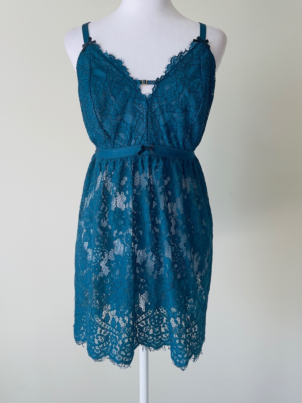 Cacique Teal Floral Lace Babydoll Lingerie Slip Dress with Adjustable Straps EUC
